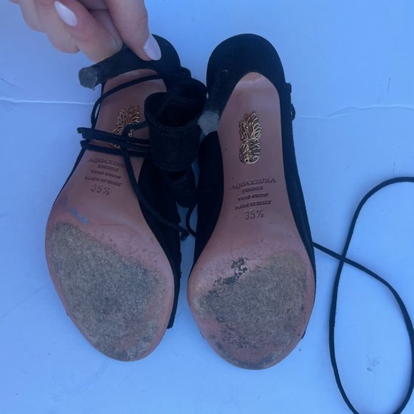 Aquazzura Firenze Slone Peep Toe Bootie Black Suede Sz 35 Slit-Front Lace - Picture 9 of 11